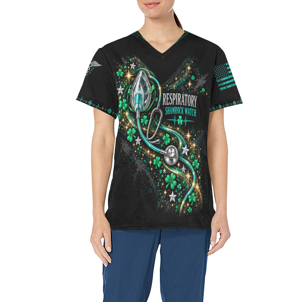 Shamrock Watch — Respiratory St. Patrick's Day All-Over Print Scrub Top