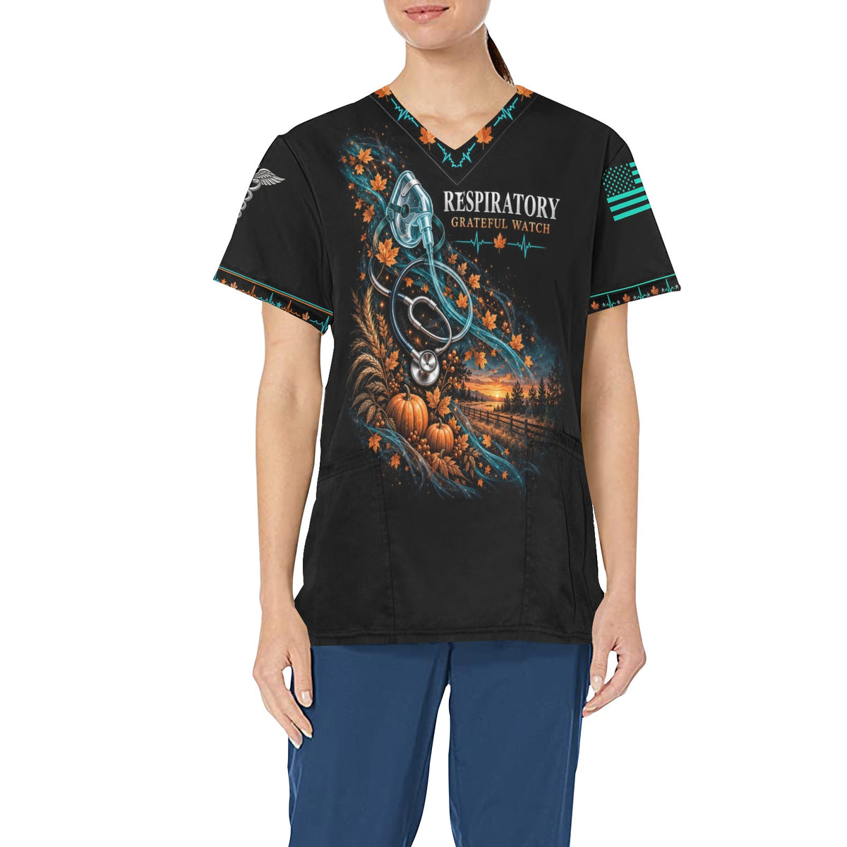 Grateful Watch — Respiratory Thanksgiving All-Over Print Scrub Top