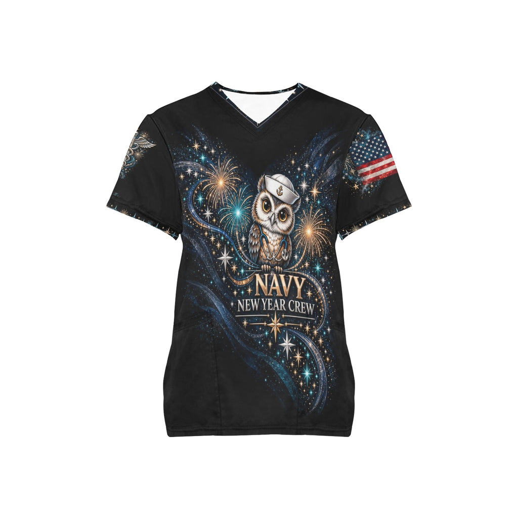 New Year Crew — Navy New Year's All-Over Print Scrub Top