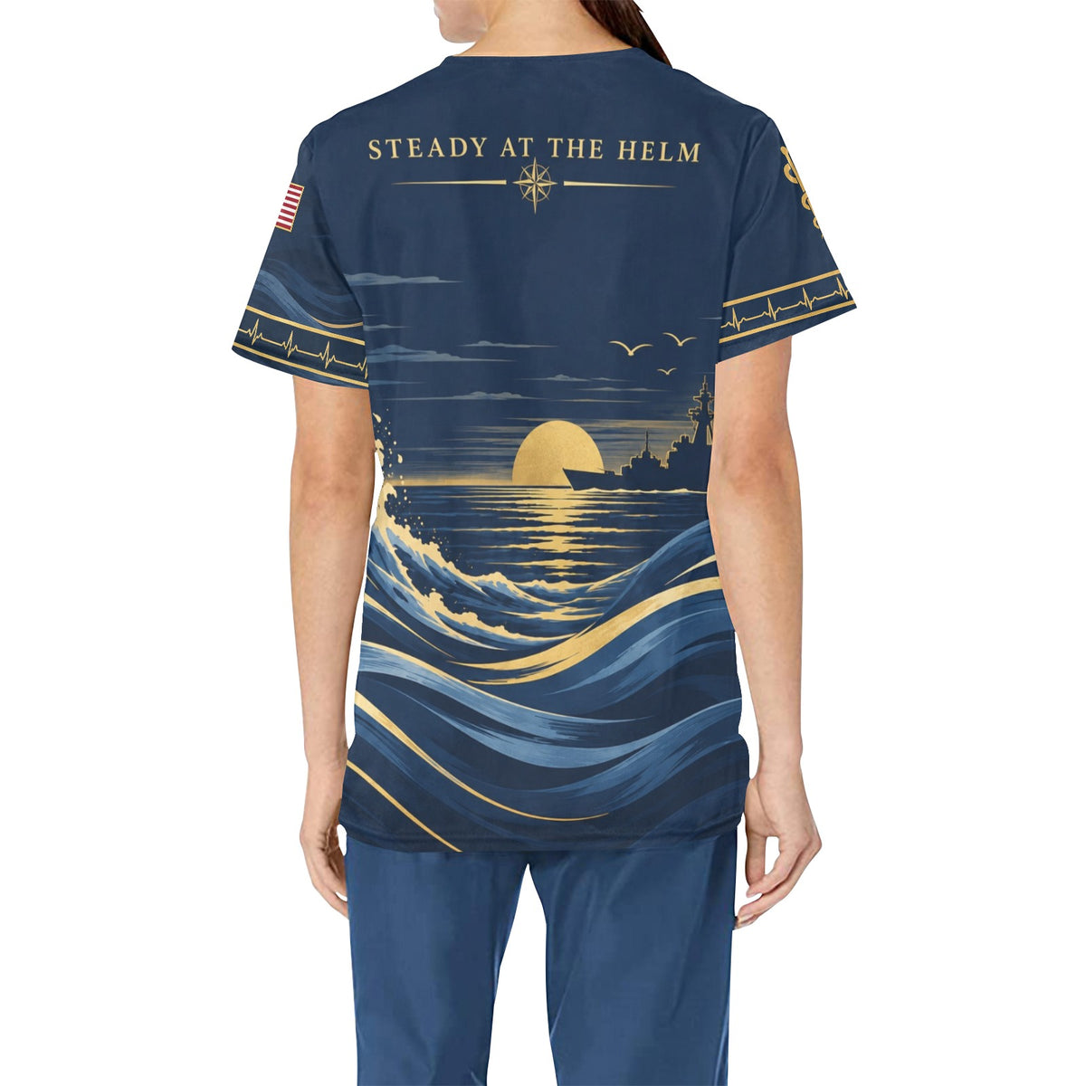 Deep Watch — Navy Veteran All-Over Print Scrub Top