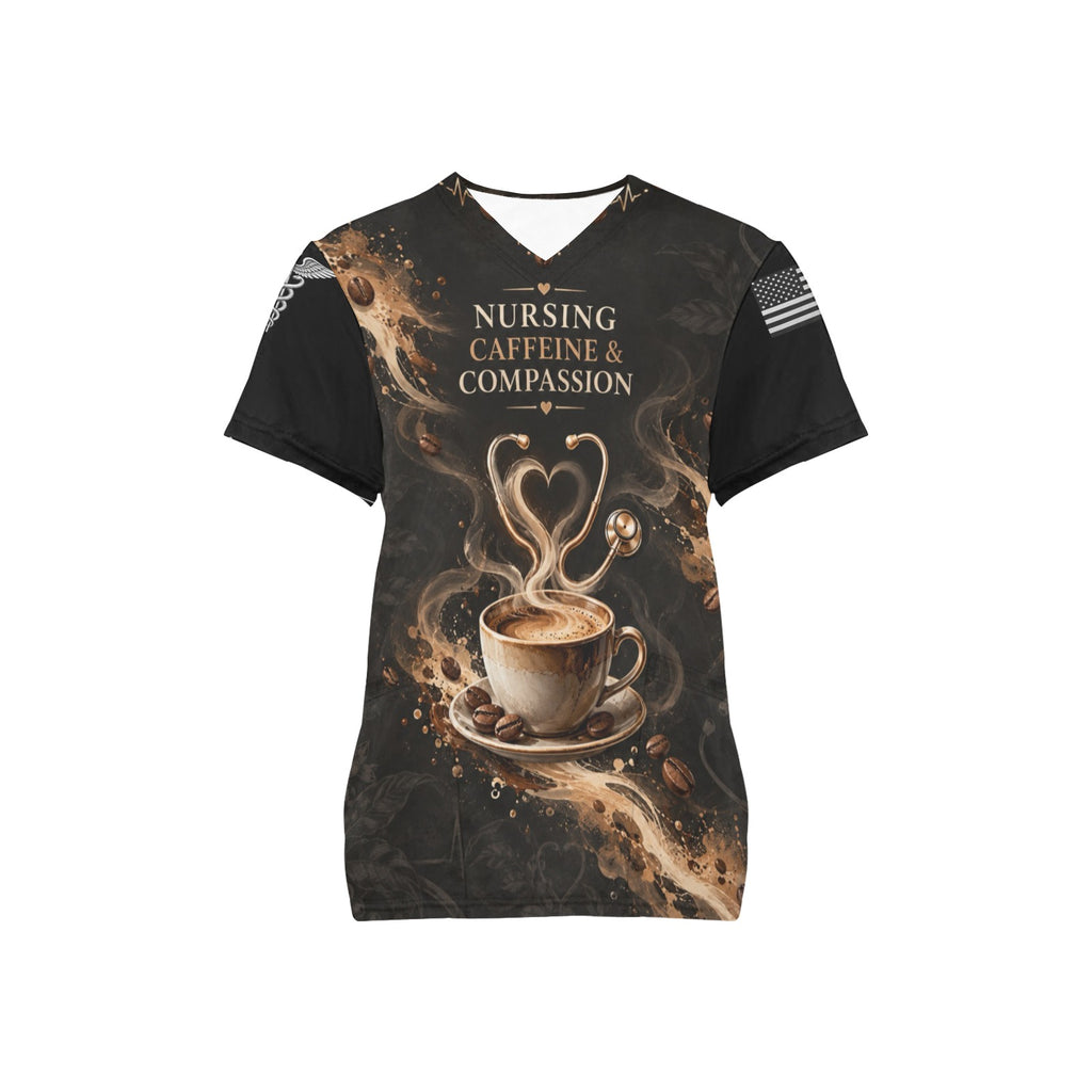 Caffeine & Compassion — Nursing All-Over Print Scrub Top