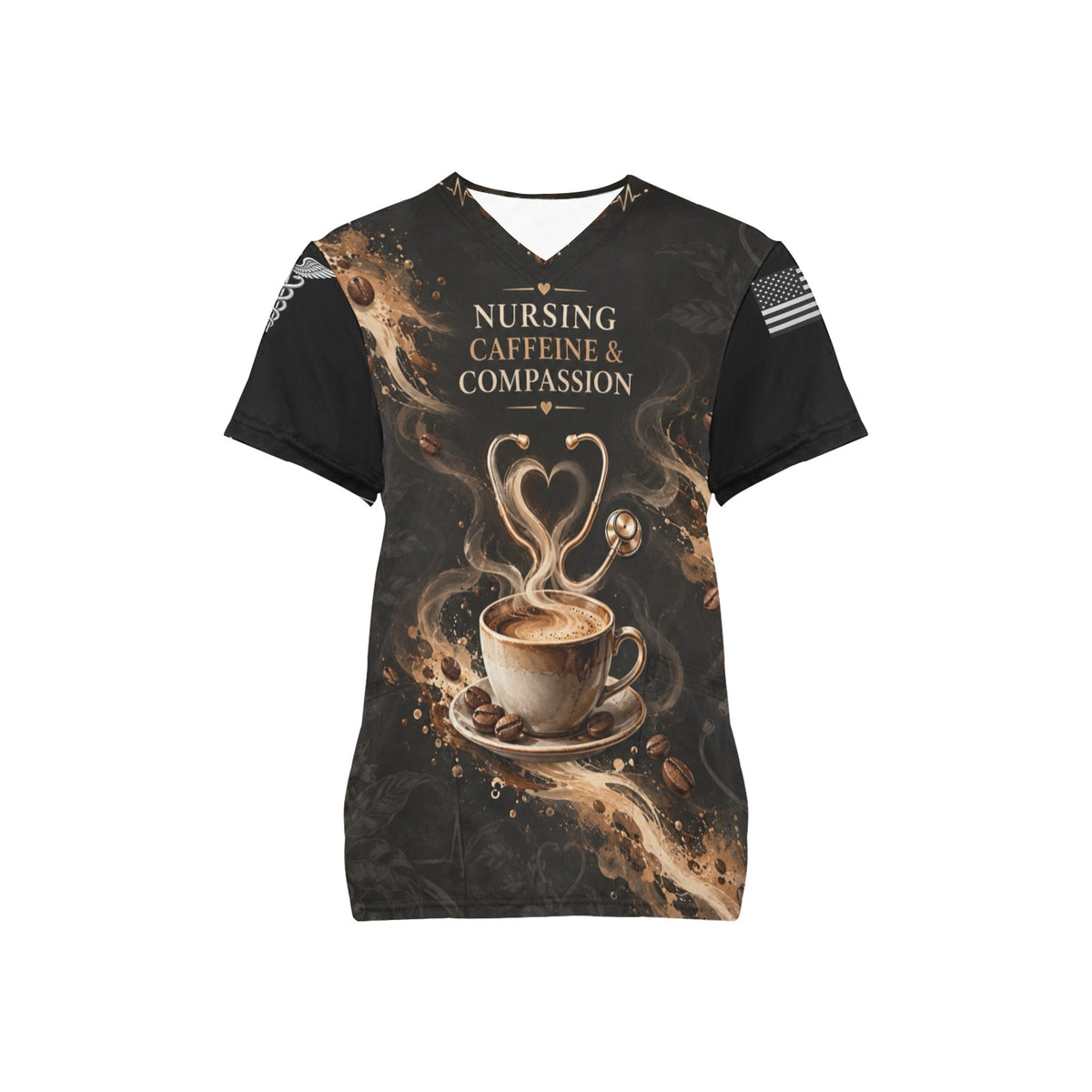 Caffeine & Compassion — Nursing All-Over Print Scrub Top