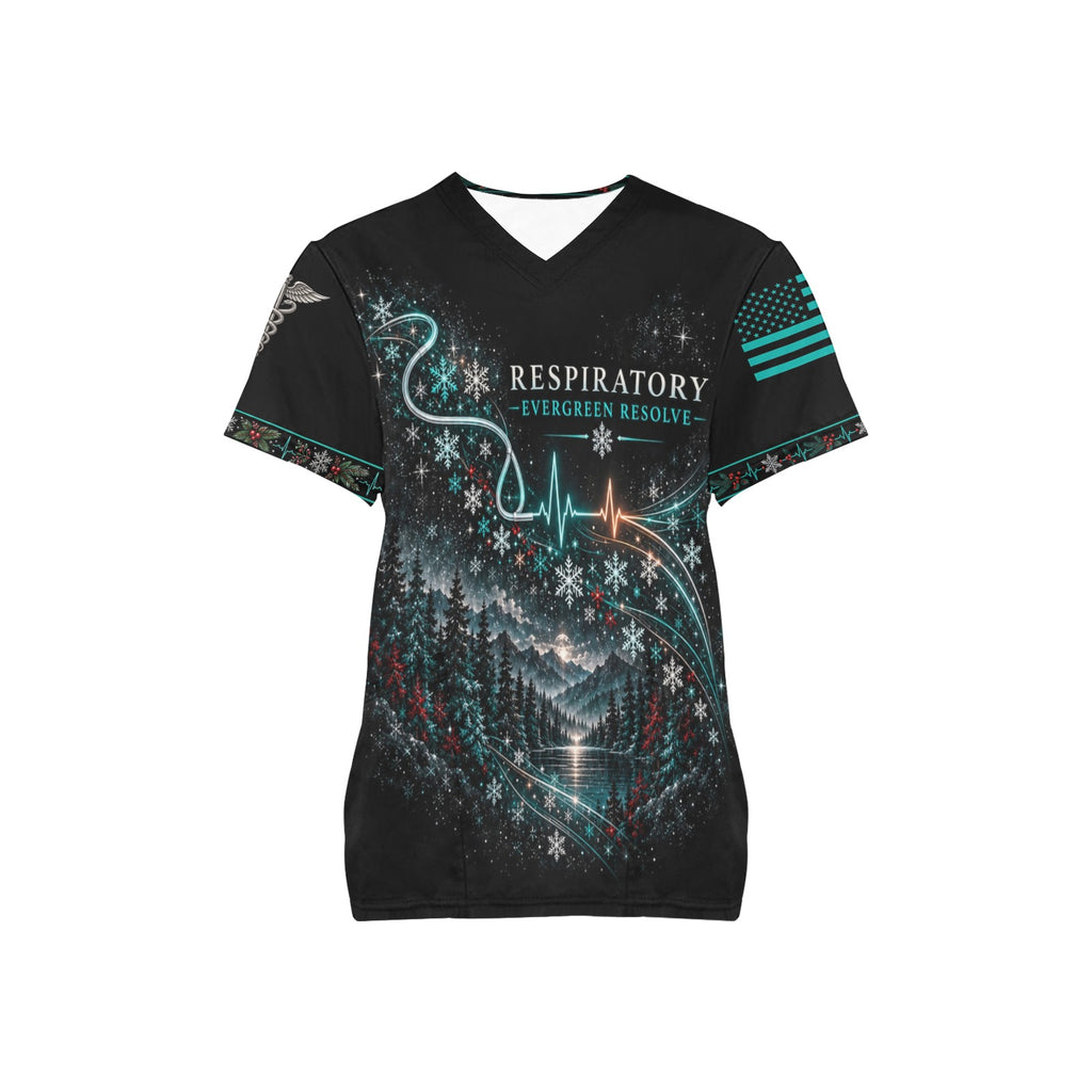 Evergreen Resolve — Respiratory Christmas All-Over Print Scrub Top