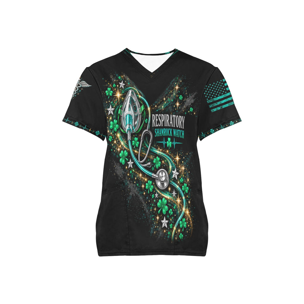Shamrock Watch — Respiratory St. Patrick's Day All-Over Print Scrub Top