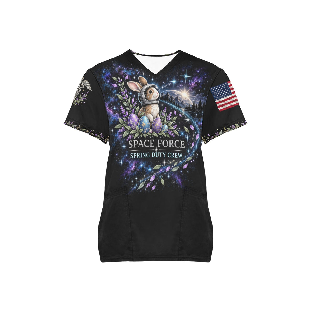 Spring Duty Crew — Space Force Easter All-Over Print Scrub Top