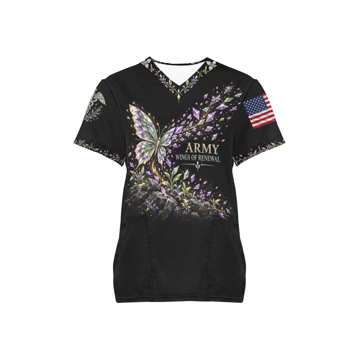 Wings of Renewal — Army Easter All-Over Print Scrub Top