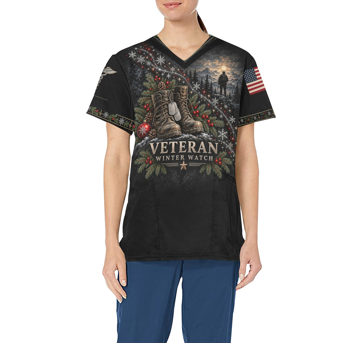 Winter Watch — Veterans Christmas All-Over Print Scrub Top