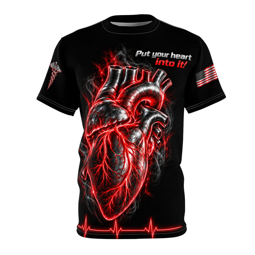 Front product mockup of the black Chromium Pulse Heart T-Shirt with red-and-silver anatomical heart artwork.
