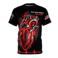 Front product mockup of the black Chromium Pulse Heart T-Shirt with red-and-silver anatomical heart artwork.