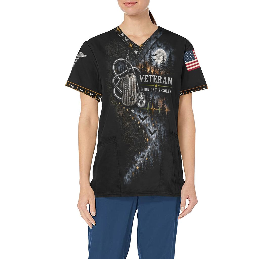 Midnight Resolve — Veteran Halloween All-Over Print Scrub Top