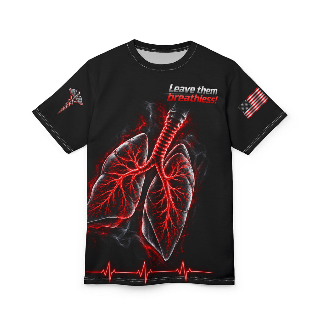 Flat front product mockup of the black Obsidian Circuit Lung T-Shirt with metallic lungs and red airway artwork.