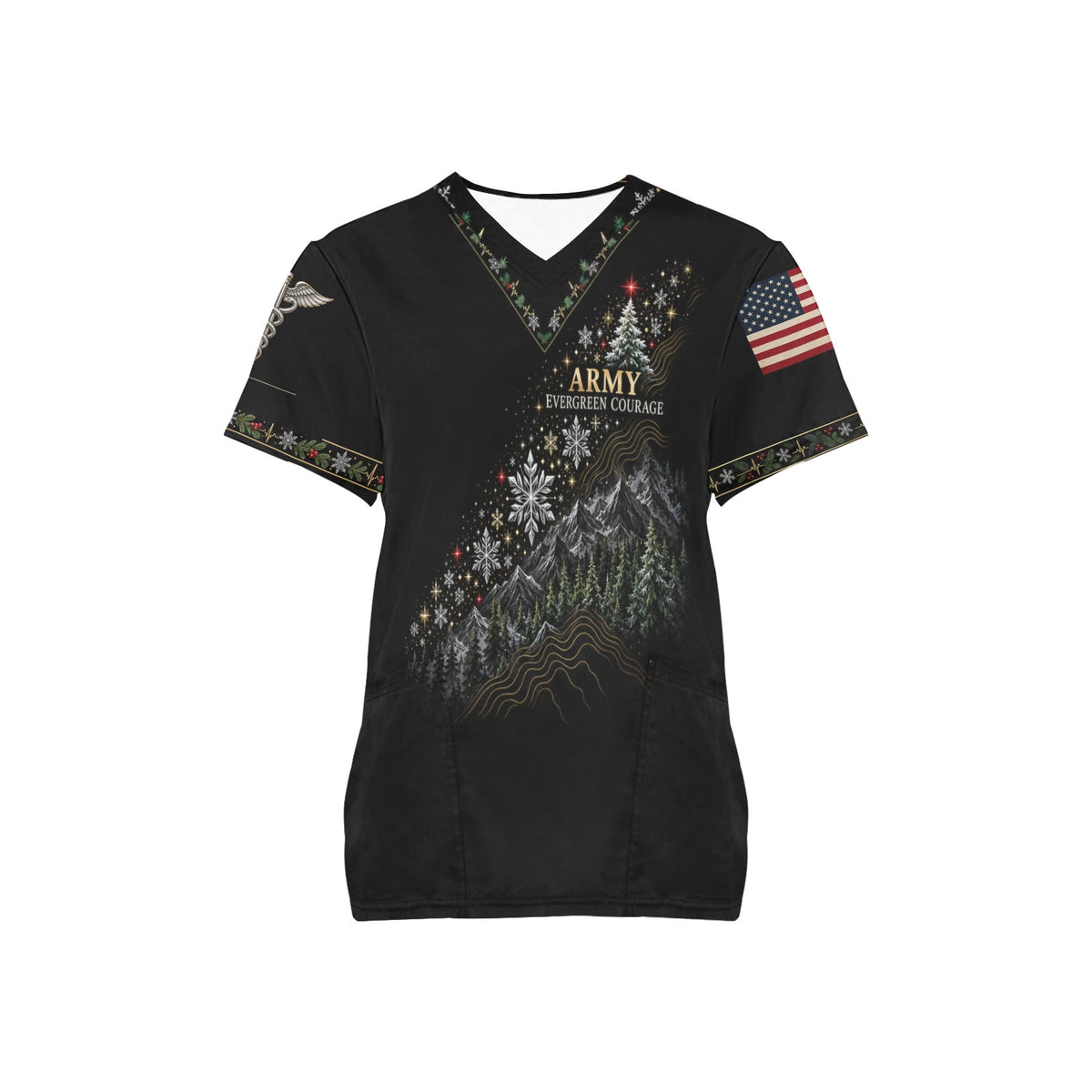 Evergreen Courage — Army Christmas All-Over Print Scrub Top