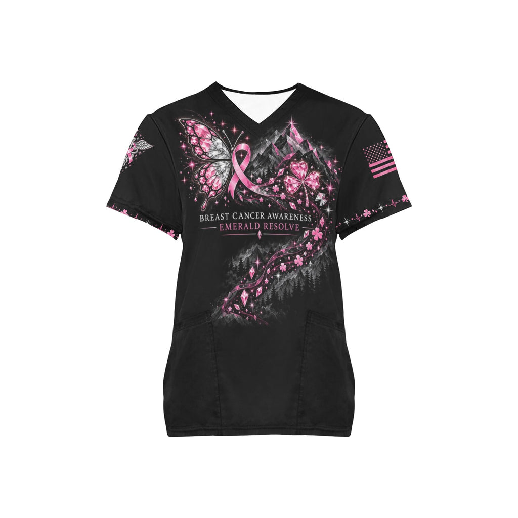 Emerald Resolve — Breast Cancer Awareness St. Patrick's Day All-Over Print Scrub Top