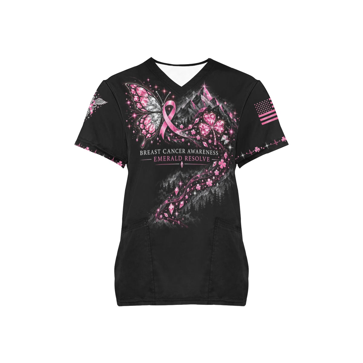Emerald Resolve — Breast Cancer Awareness St. Patrick's Day All-Over Print Scrub Top