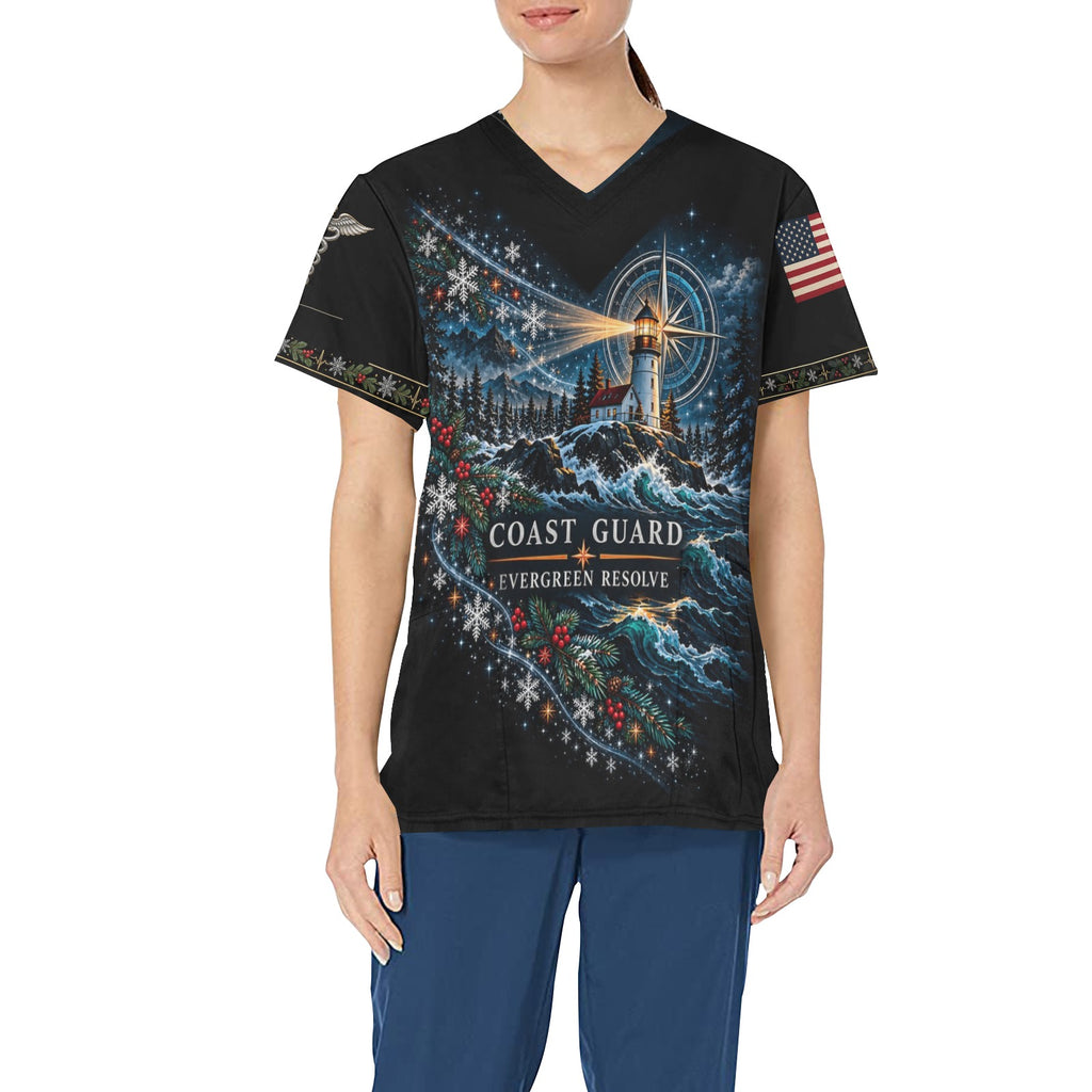Evergreen Resolve — Coast Guard Christmas All-Over Print Scrub Top