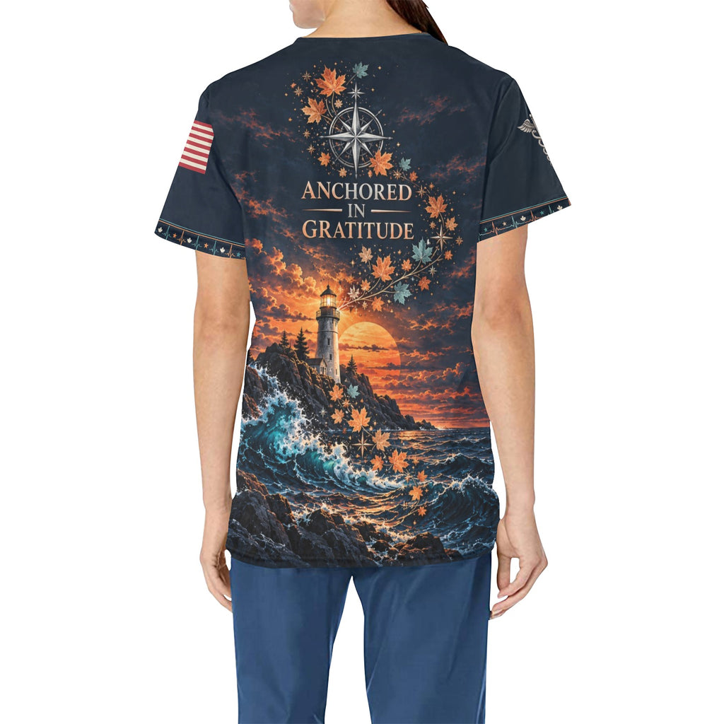 Anchored in Thanks — Navy Thanksgiving All-Over Print Scrub Top