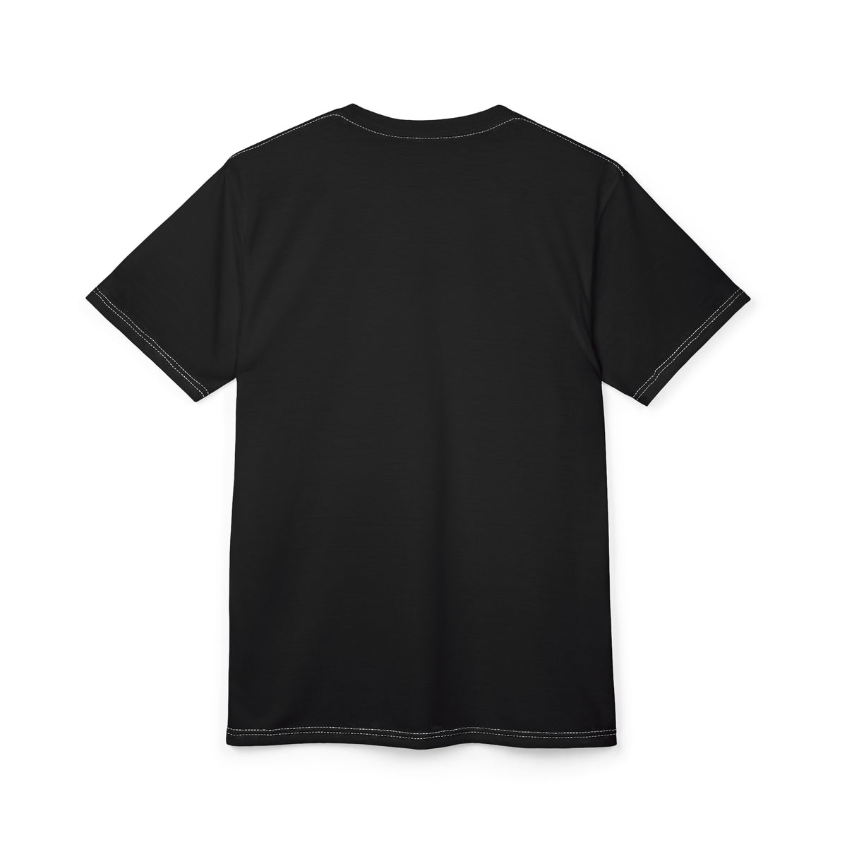 Flat back product mockup of the Chromium Pulse Heart T-Shirt, showing its plain black back.