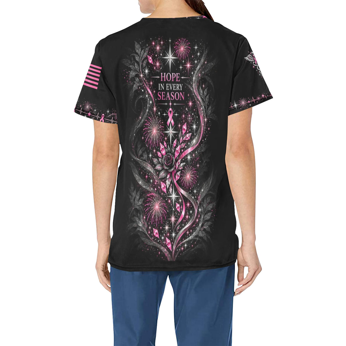 Midnight Resolve — Breast Cancer Awareness New Year's All-Over Print Scrub Top
