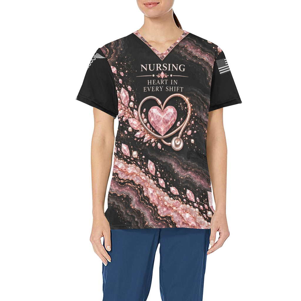 Rose Quartz Care — Nursing All-Over Print Scrub Top