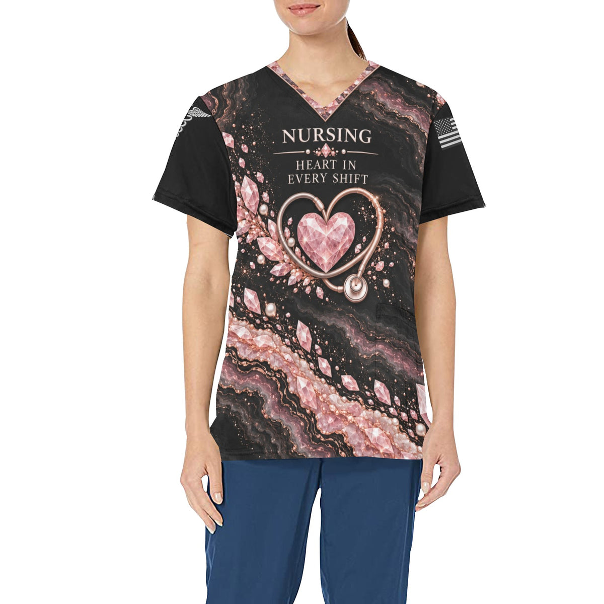 Rose Quartz Care — Nursing All-Over Print Scrub Top