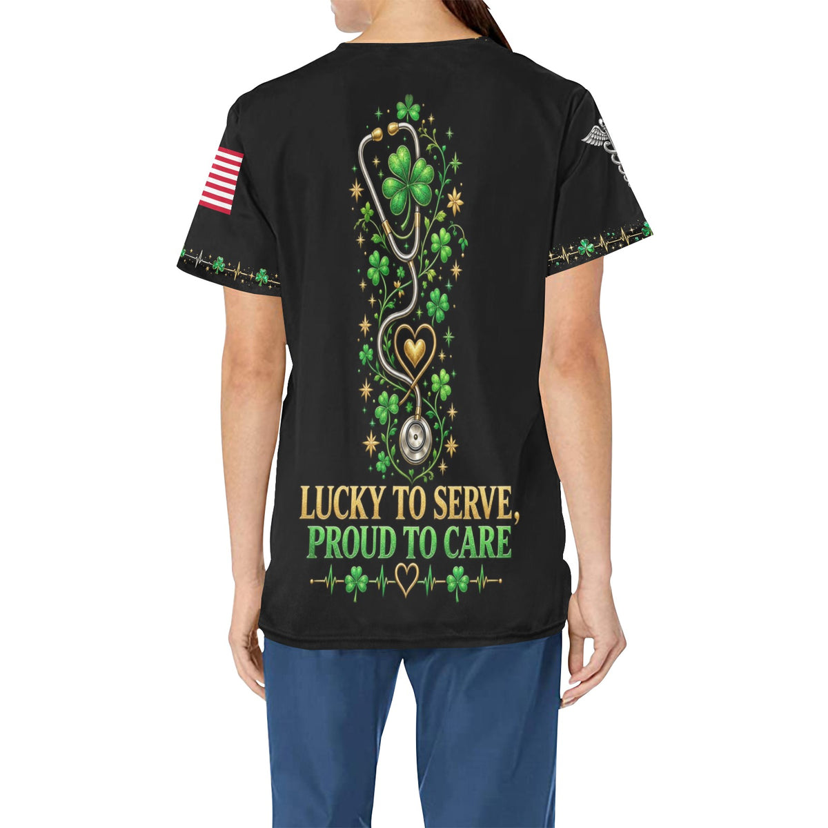Lucky Duty Crew — Army St. Patrick's Day All-Over Print Scrub Top