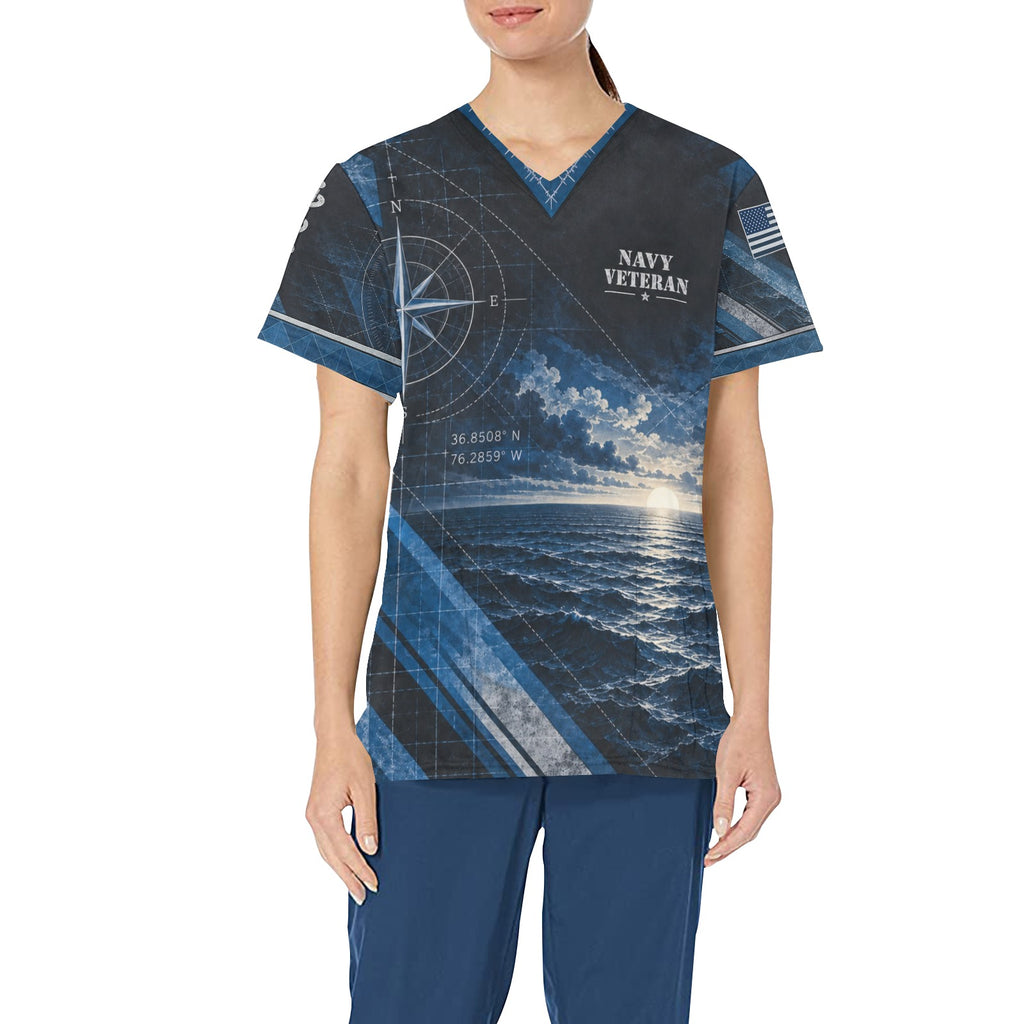 Steel Horizon — Navy Veteran All-Over Print Scrub Top