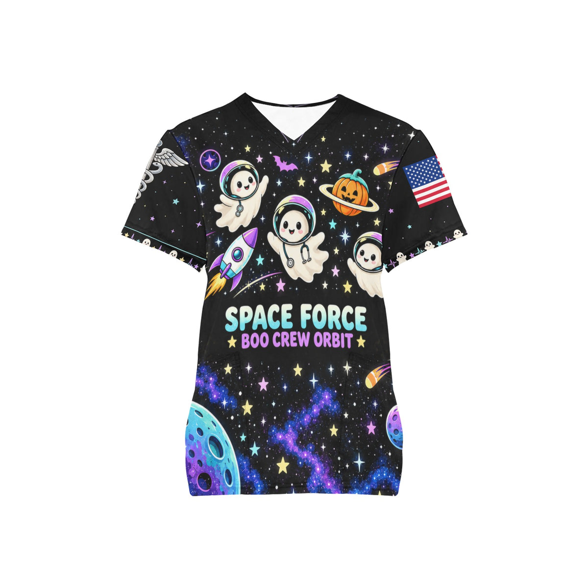 Boo Crew Orbit - Space Force Halloween All-Over Print Scrub Top