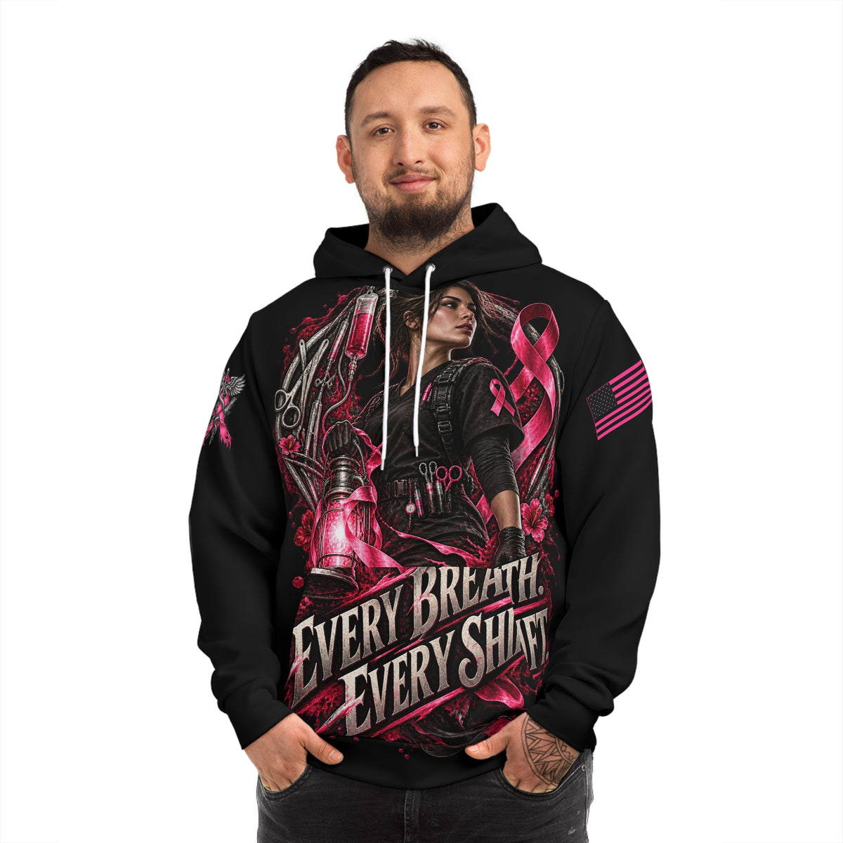 Every Breath Every Shift — Breast Cancer Awareness Medical Hoodie