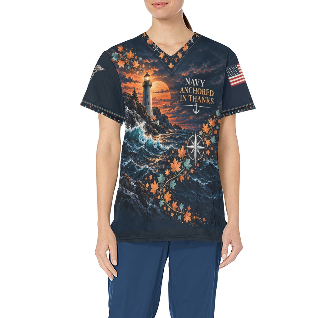 Anchored in Thanks — Navy Thanksgiving All-Over Print Scrub Top