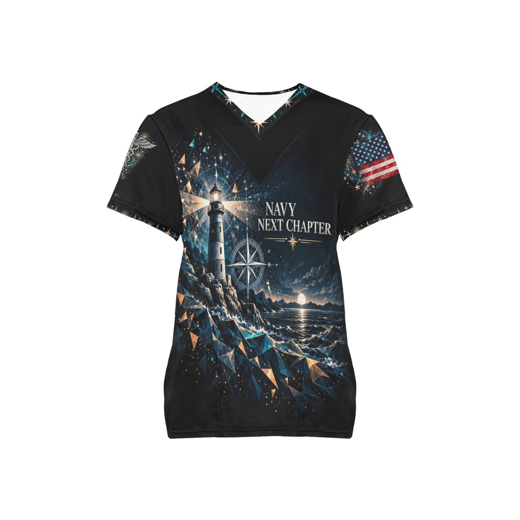 Next Chapter — Navy New Year's All-Over Print Scrub Top