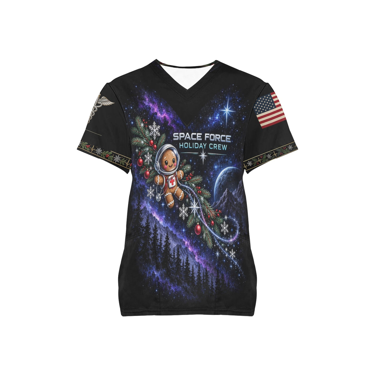 Holiday Crew — Space Force Christmas All-Over Print Scrub Top