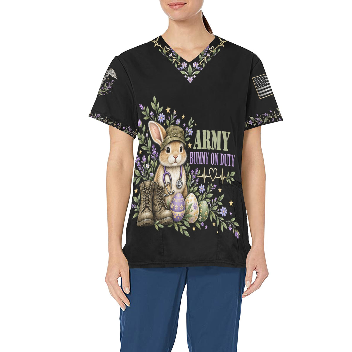 Bunny on Duty — Army Easter All-Over Print Scrub Top
