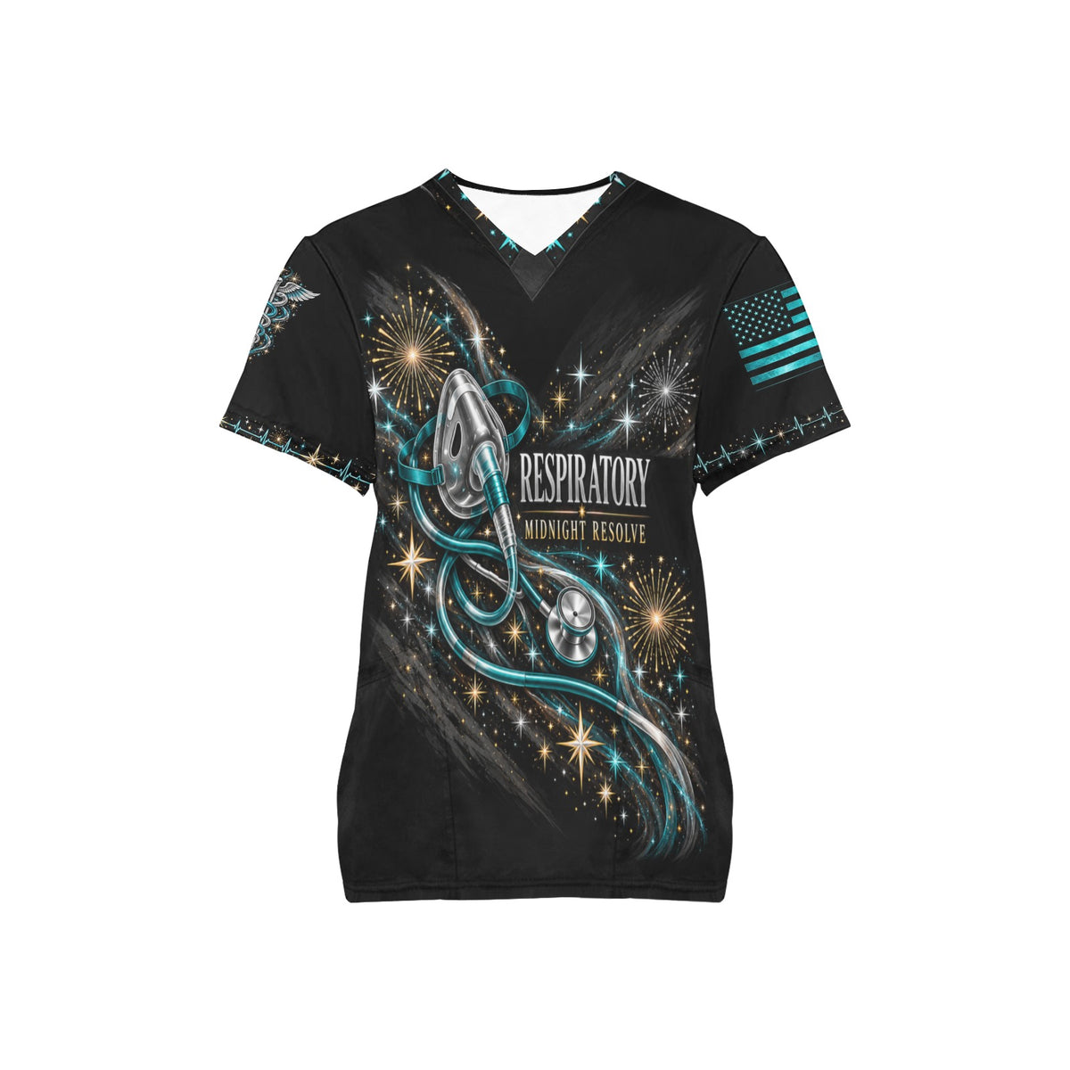 Midnight Resolve — Respiratory New Year's All-Over Print Scrub Top