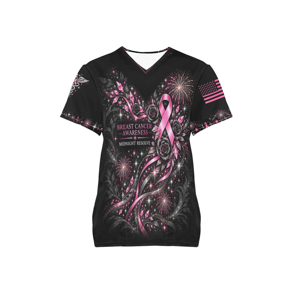 Midnight Resolve — Breast Cancer Awareness New Year's All-Over Print Scrub Top
