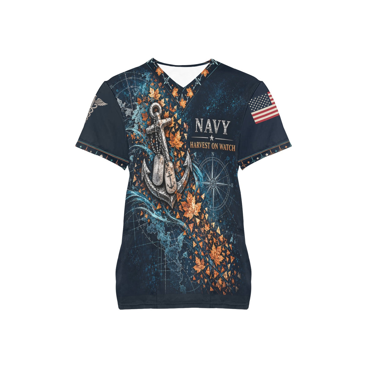 Harvest on Watch — Navy Thanksgiving All-Over Print Scrub Top