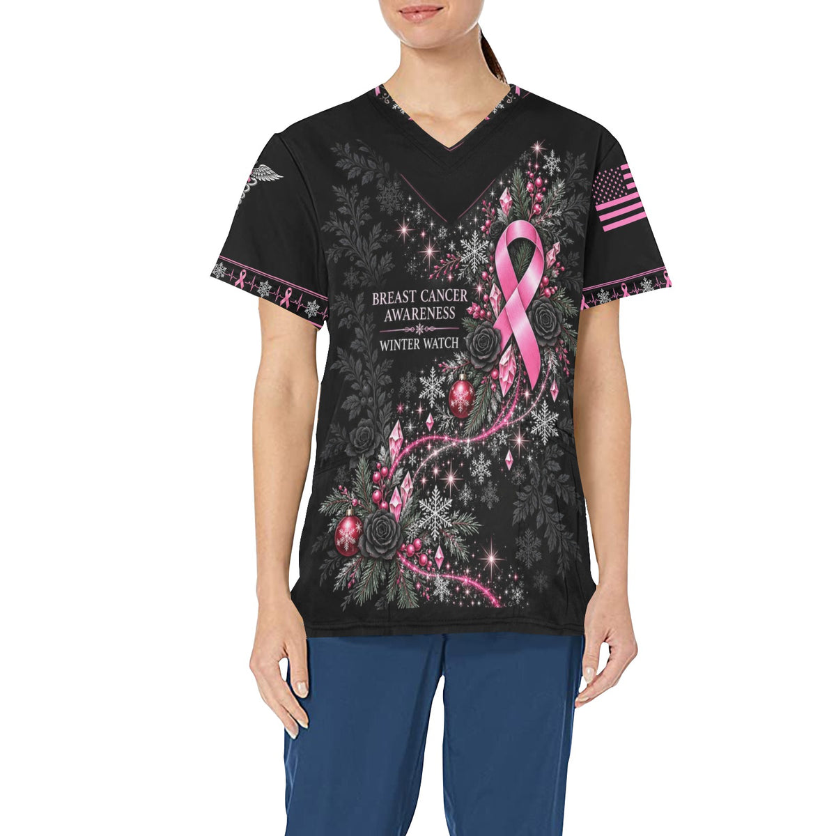Winter Watch — Breast Cancer Awareness Christmas All-Over Print Scrub Top