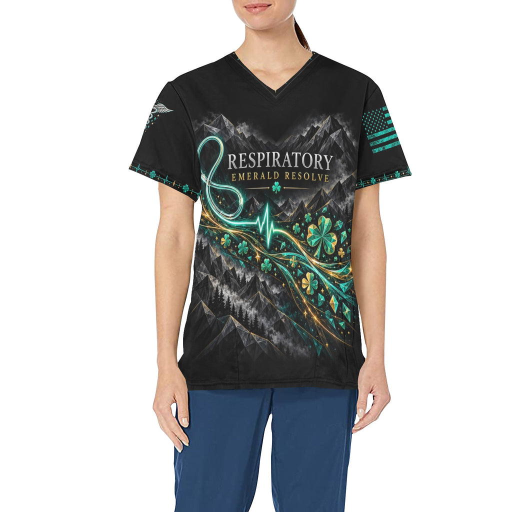 Emerald Resolve — Respiratory St. Patrick's Day All-Over Print Scrub Top
