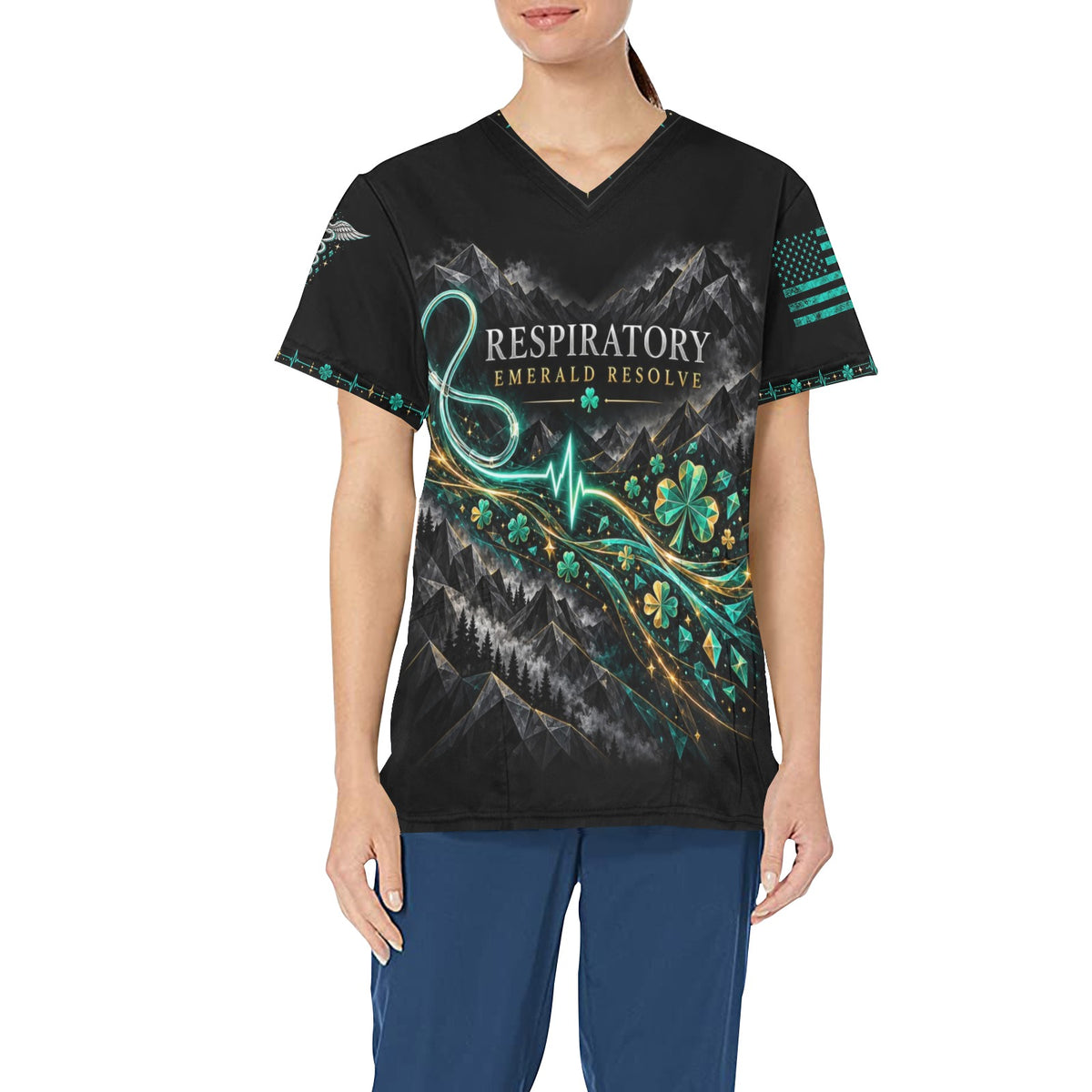 Emerald Resolve — Respiratory St. Patrick's Day All-Over Print Scrub Top