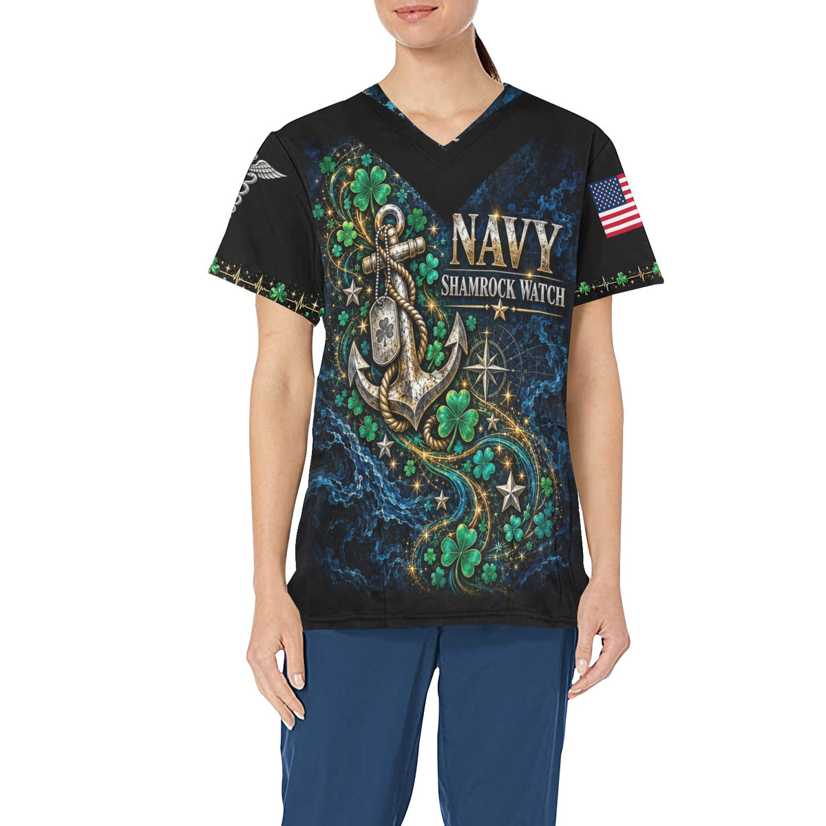 Shamrock Watch — Navy St. Patrick's Day All-Over Print Scrub Top