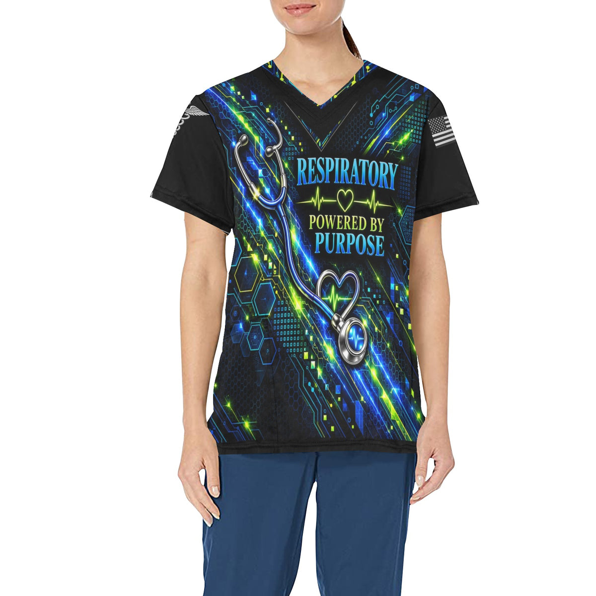 Electric Rounds Respiratory — All-Over Print Scrub Top