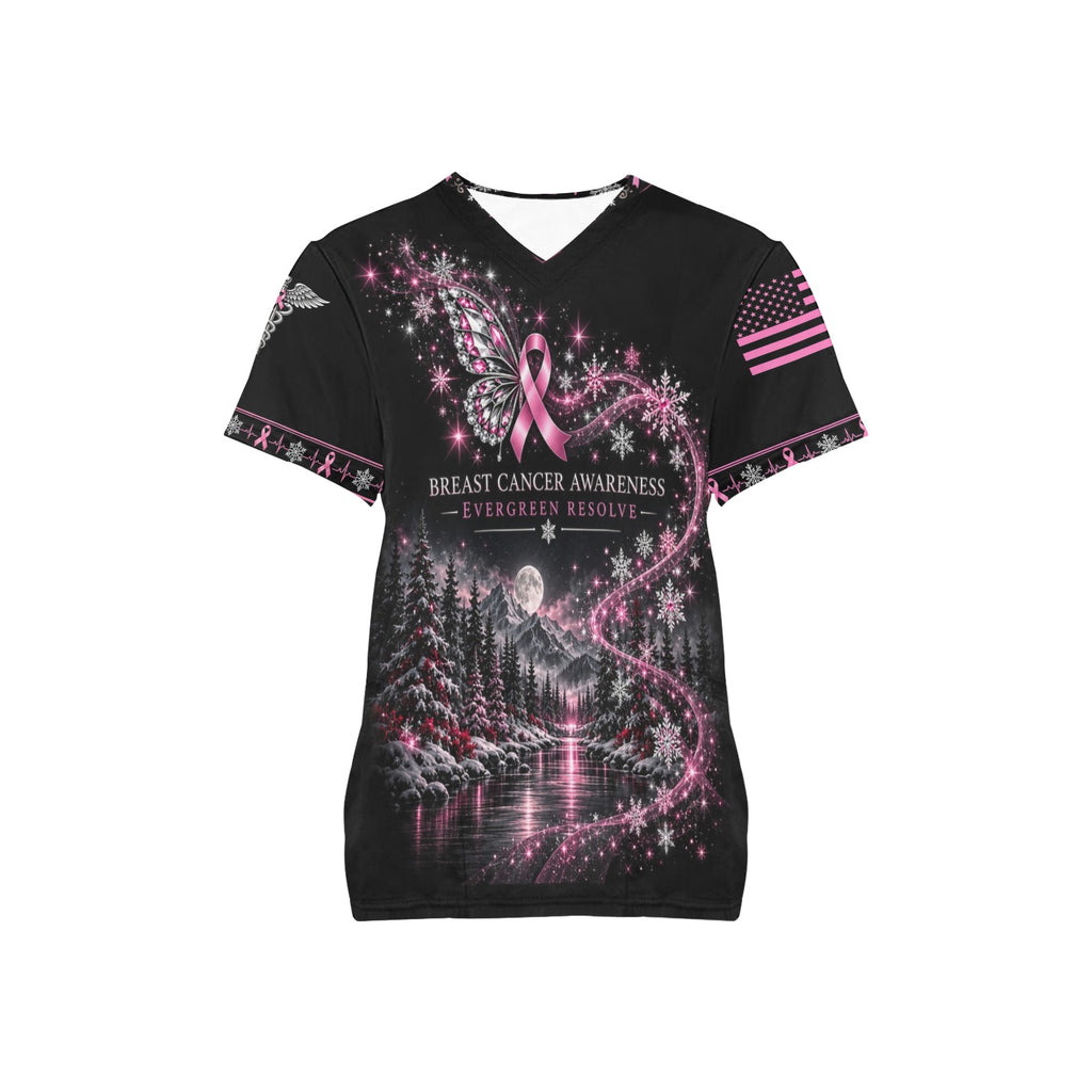 Evergreen Resolve — Breast Cancer Awareness Christmas All-Over Print Scrub Top