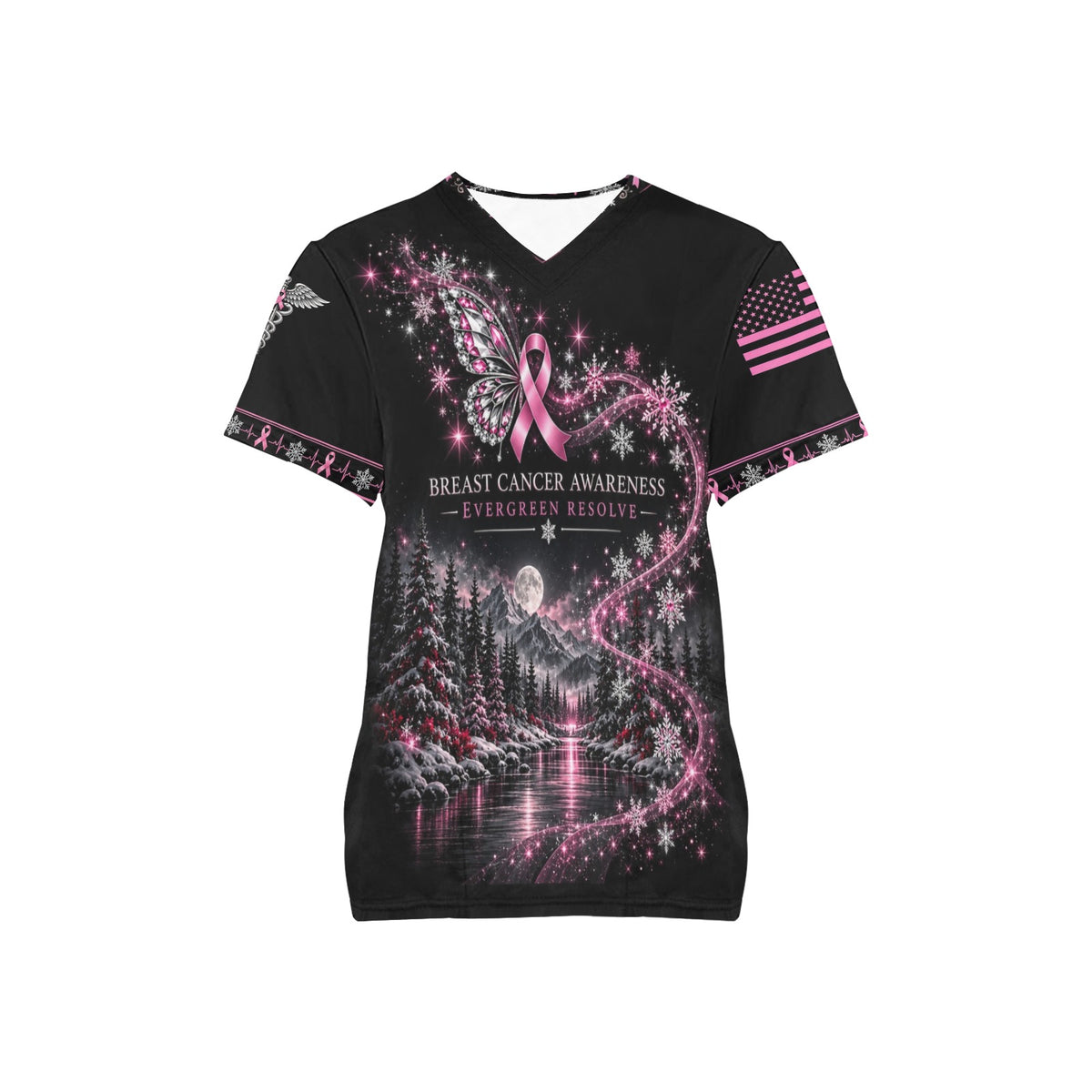 Evergreen Resolve — Breast Cancer Awareness Christmas All-Over Print Scrub Top