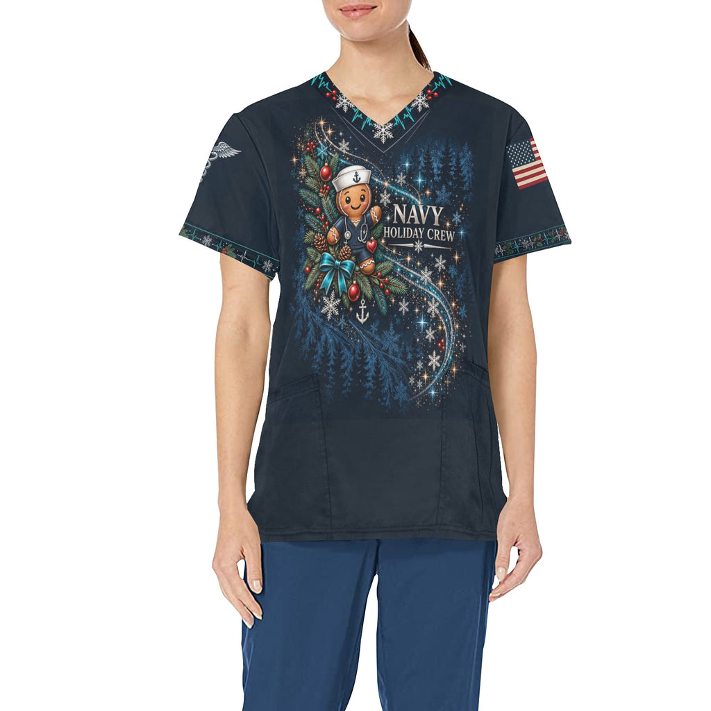 Holiday Crew — Navy Christmas All-Over Print Scrub Top