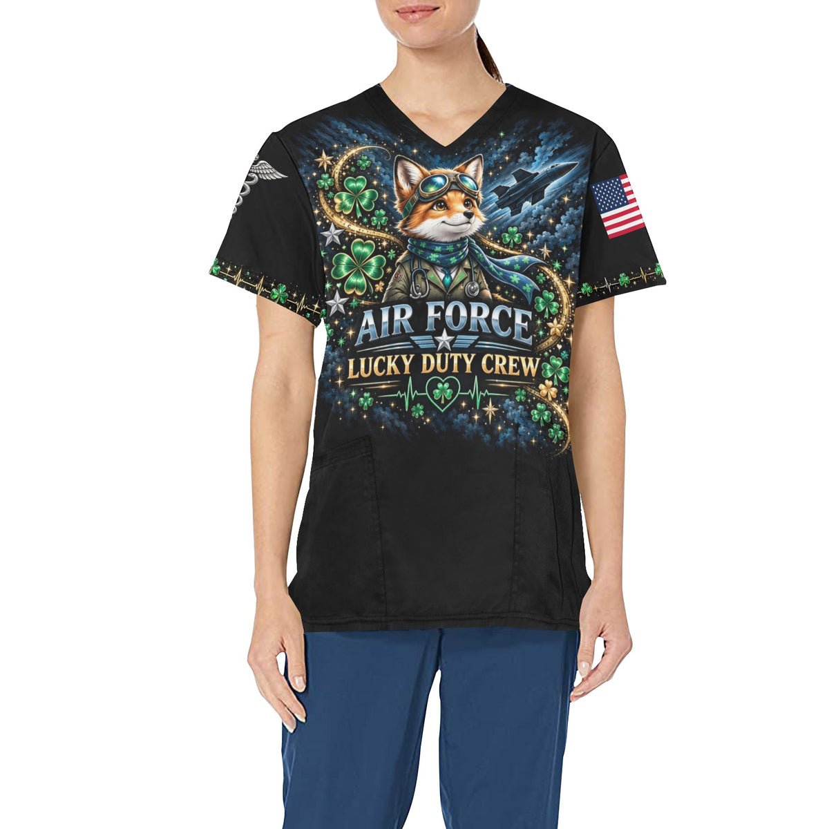 Lucky Duty Crew — Air Force St. Patrick's Day All-Over Print Scrub Top