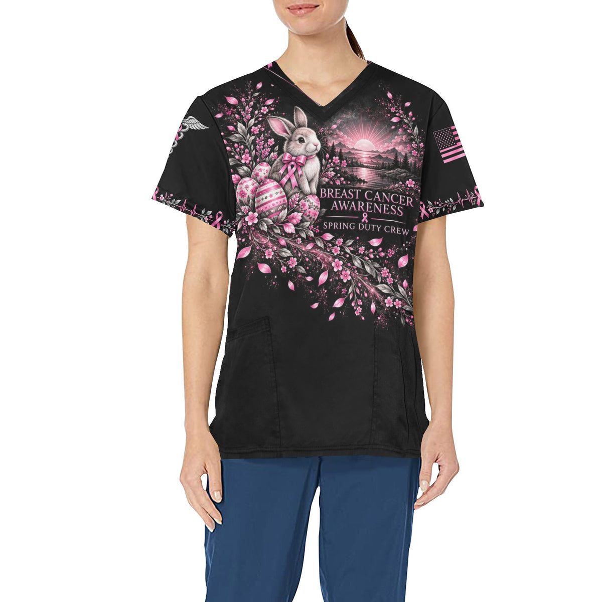 Spring Duty Crew — Breast Cancer Awareness Easter All-Over Print Scrub Top