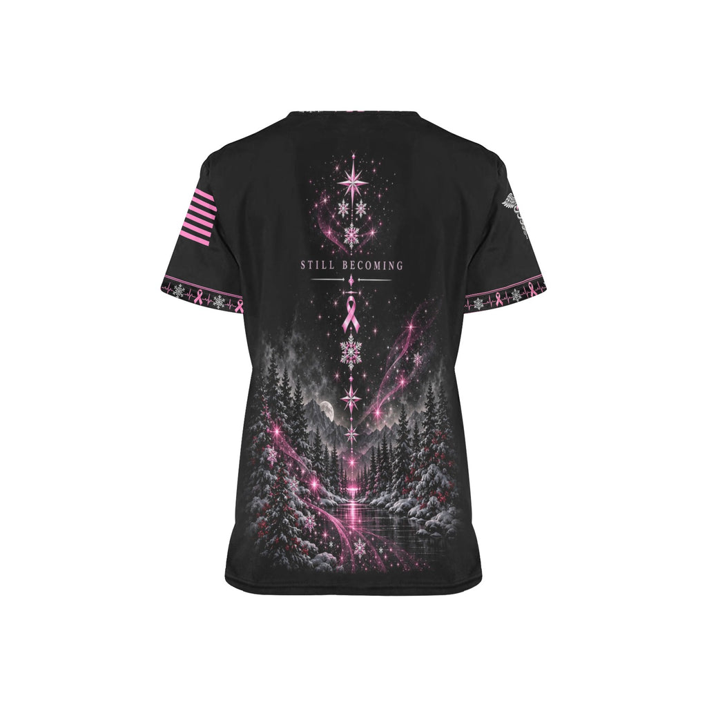 Evergreen Resolve — Breast Cancer Awareness Christmas All-Over Print Scrub Top