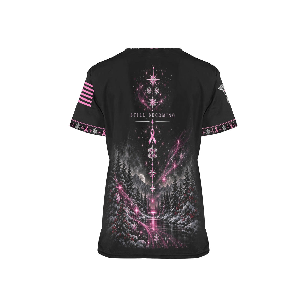 Evergreen Resolve — Breast Cancer Awareness Christmas All-Over Print Scrub Top
