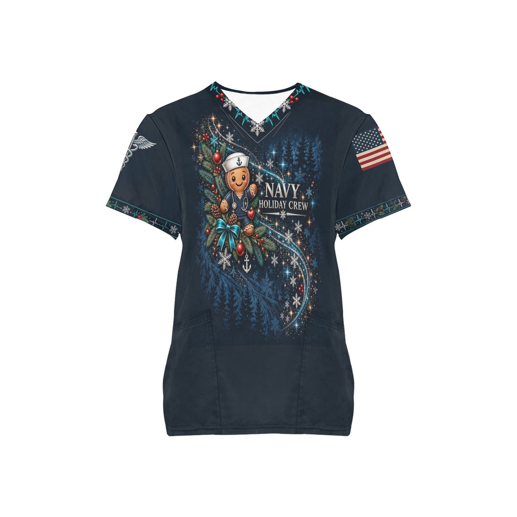 Holiday Crew — Navy Christmas All-Over Print Scrub Top