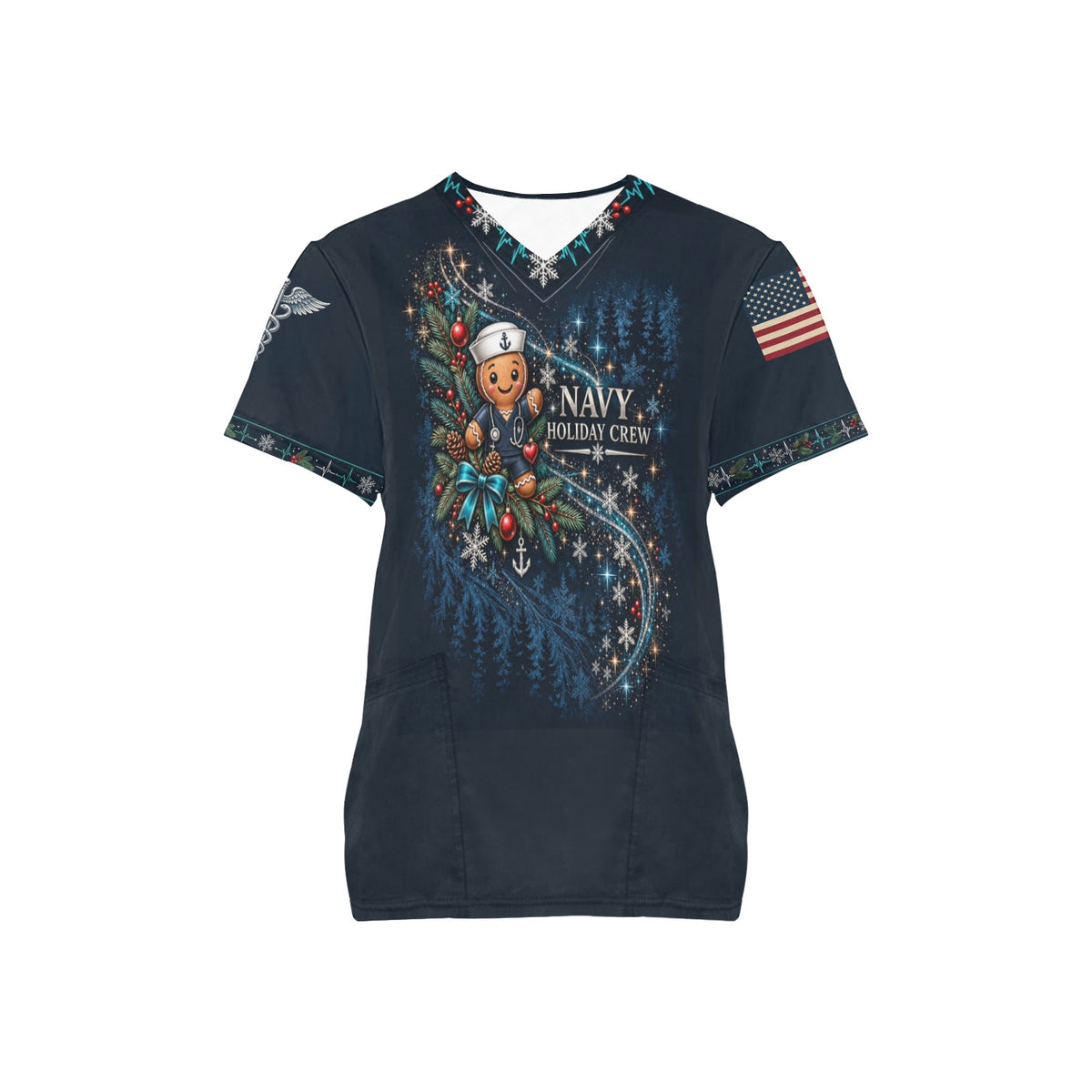 Holiday Crew — Navy Christmas All-Over Print Scrub Top