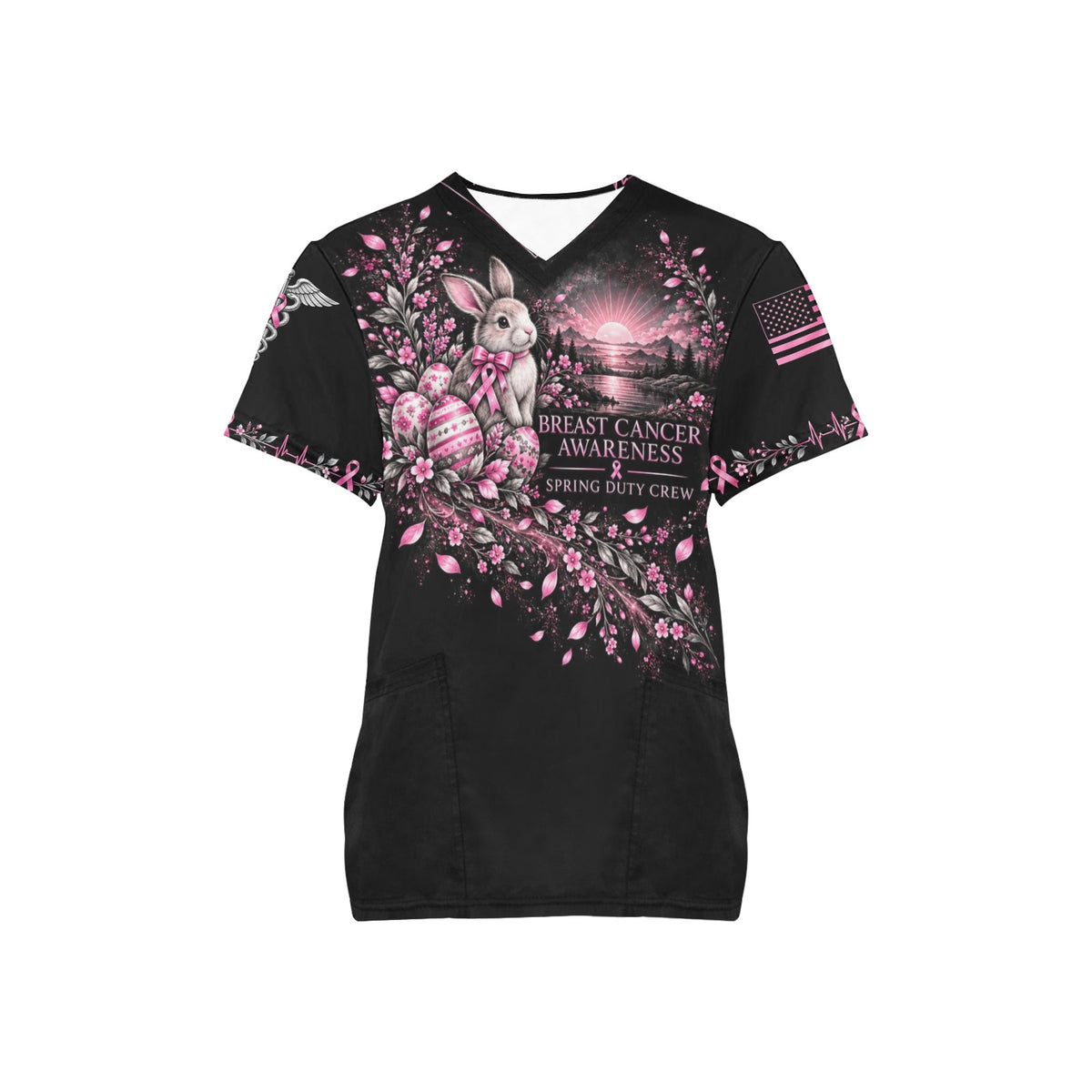 Spring Duty Crew — Breast Cancer Awareness Easter All-Over Print Scrub Top